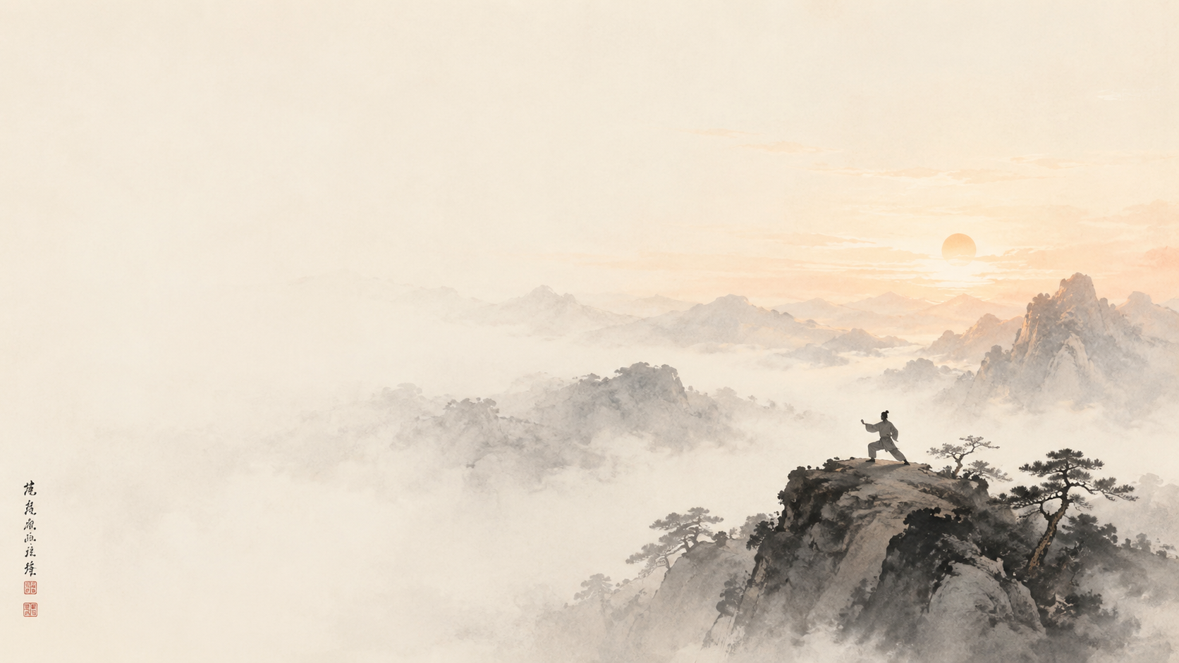 Tai Chi practitioner at sunrise on a mountain peak